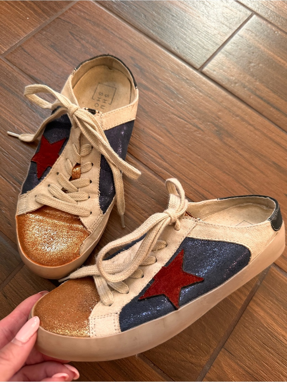 ShuShop Glitter Star Sneakers in Navy, Gold & Red